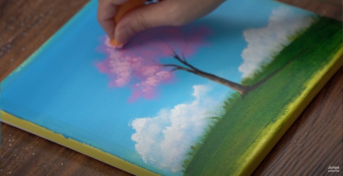 【ソメイヨシノ】アクリル画 F4 風景画 絵画 アクリル絵の具で「桜の風景」を描いてみた｜junya_art