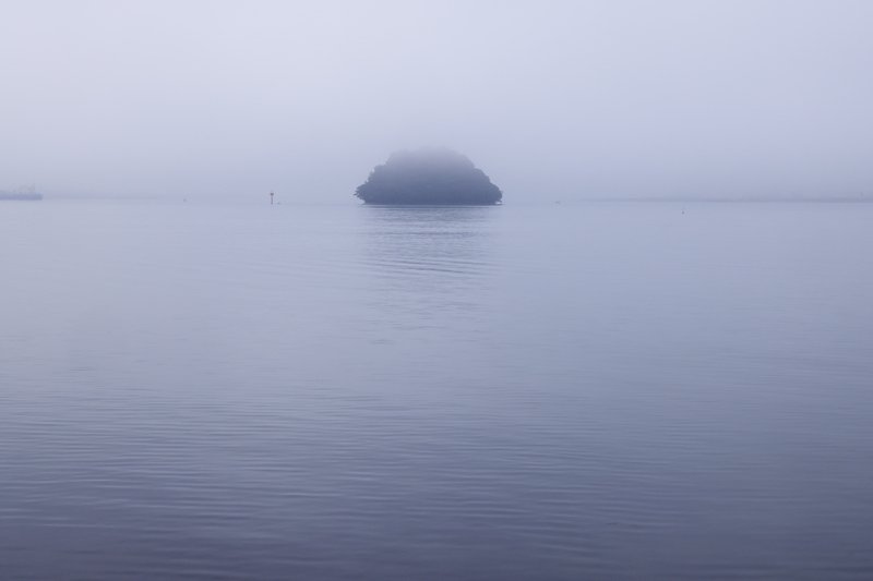舞鶴湾にはいくつか無人島があります。その一つの烏島（からすじま）。霧がかかった島が浮かび上がってました。お腹すいてたので粉砂糖がかかったカップケーキにしか見えませんｗ