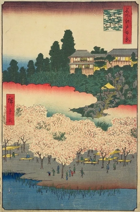 風景画　千切り絵 田舎の風景 千駄木団子坂花屋敷」−桜は上から眺めても下で見上げても、良い