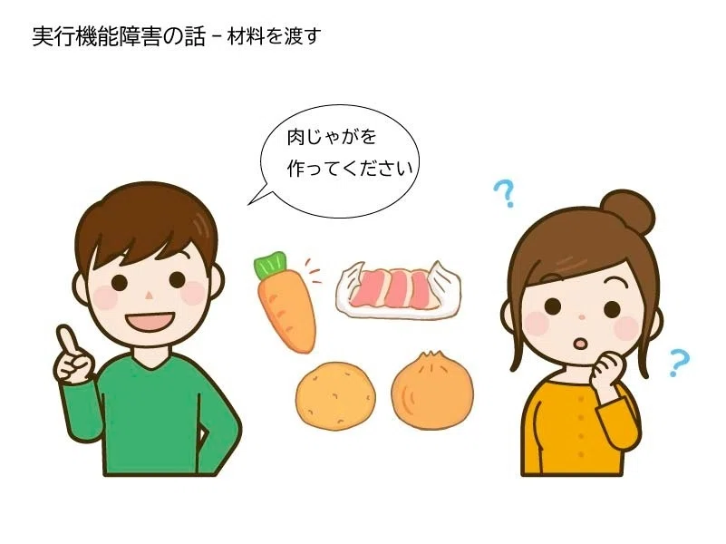 男性は肉じゃがを作ってください、と豚肉、ニンジン、じゃがいも、タマネギを渡しますが、女性はわからない表情をしています