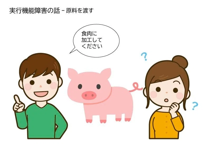 豚を連れてきて、食肉に加工してください。と言う男の人と、困惑する女の人