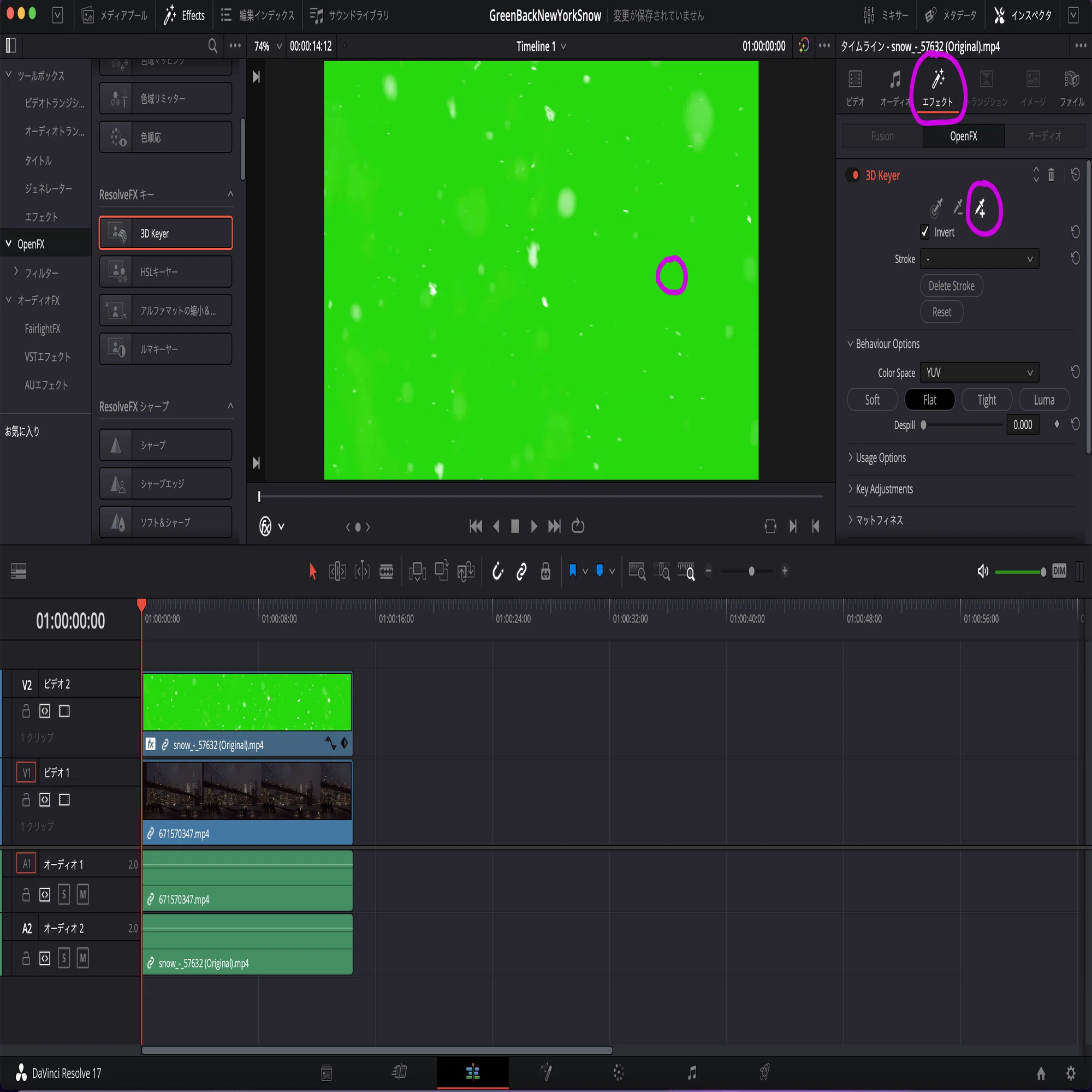Davinci Resolve 17のグリーンバックで雪を合成 ウチダマサトシ Note
