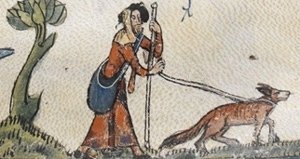 杖をついた盲人の男性が犬に誘導されている絵画