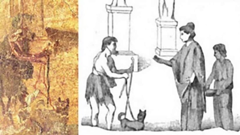 ポンペイの壁画で、杖をつきながら、犬の首紐を持った男性が描かれている