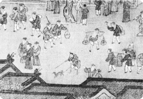 中国の市場の絵。杖をつき、犬に首紐で誘導されている男性が描かれている