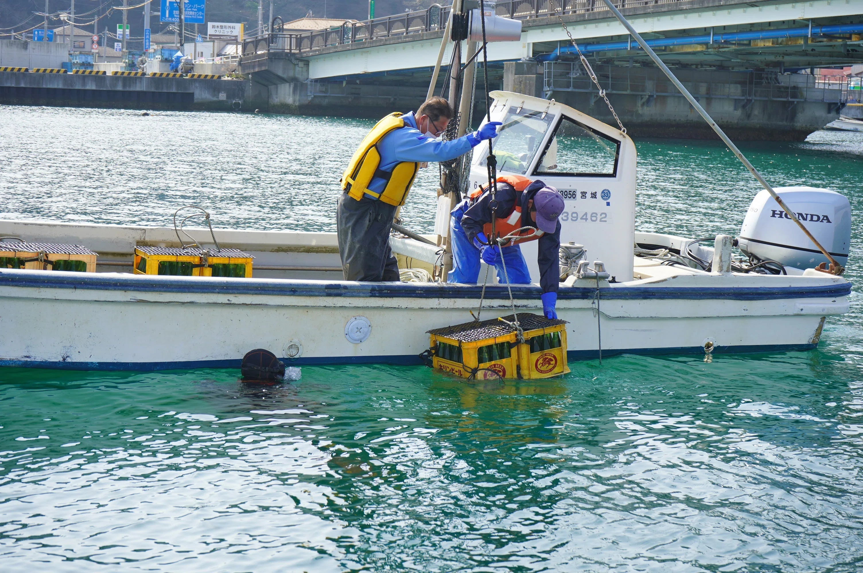 海底熟成で味まろやか 日本酒150本引き揚げ 万石浦湾で特産品づくり