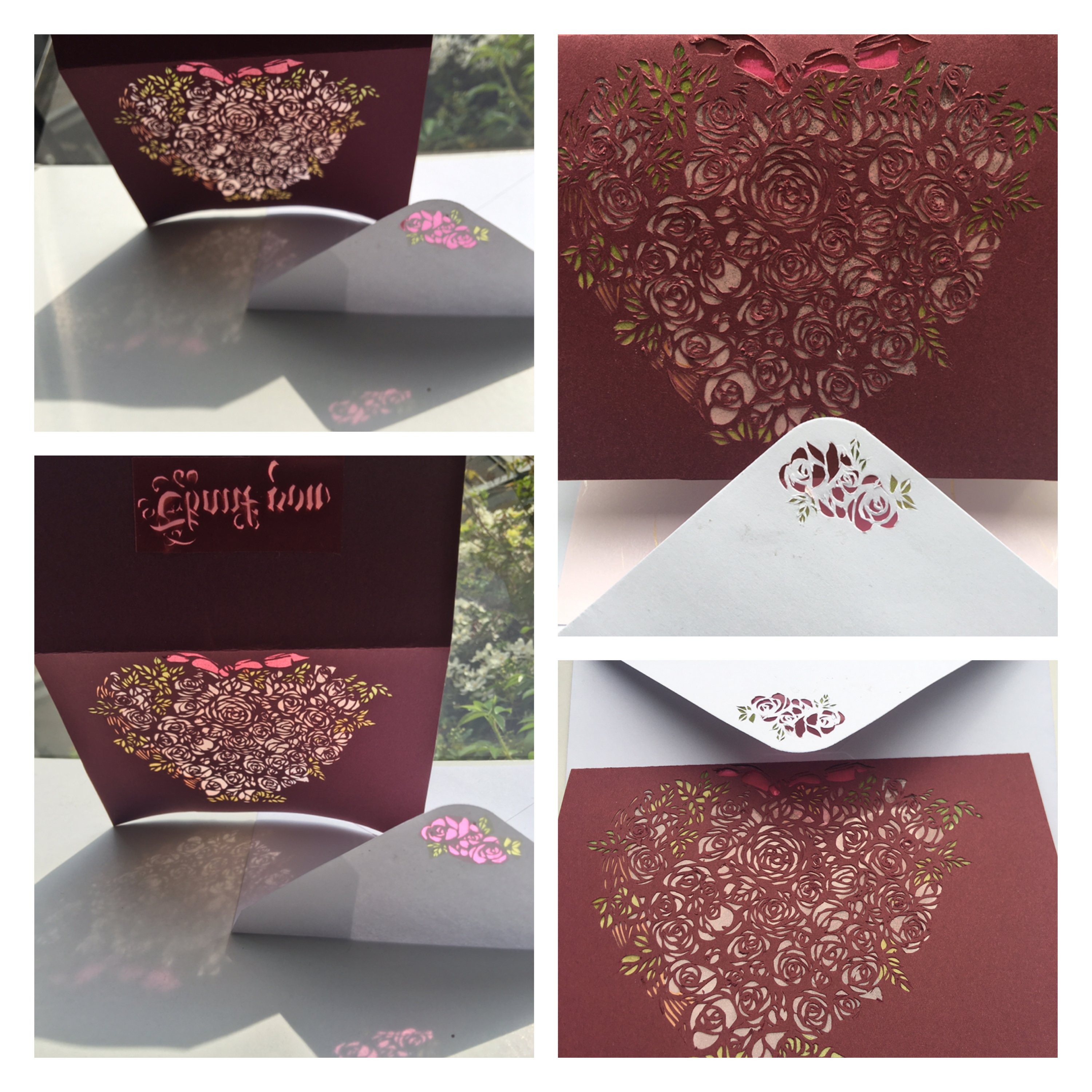 切り絵アート 感謝のグリーティングカード ハート型薔薇 ローズ Frau Schnitt Note