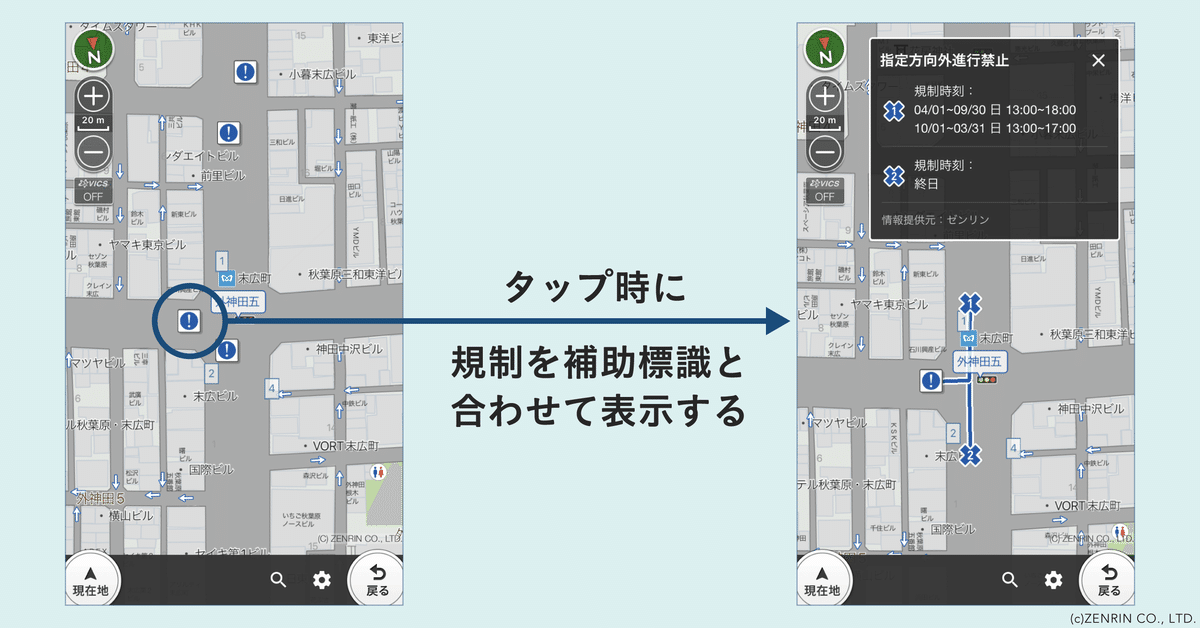 指定方向外進行禁止情報の表示機能を利用した際のスマホ画面