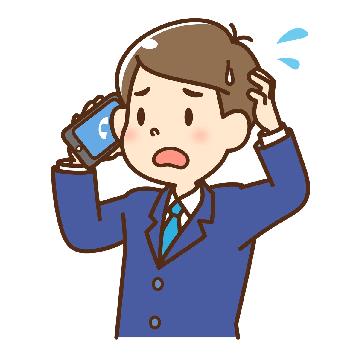 携帯電話で話ながら焦っている男性