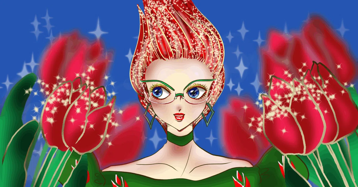 チューリップに囲まれたチューリップヘアのメガネの女性