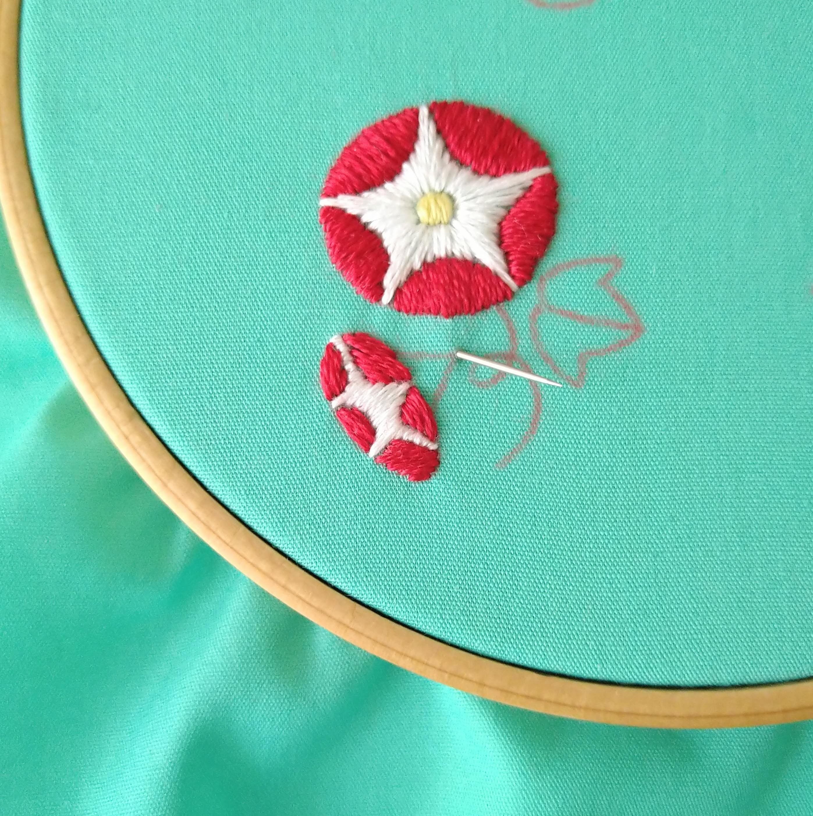 夏の思い出の刺繍枠キットを作ろう ステップ11 アサガオの花の刺繍10 Apostrophe S 刺繍雑貨作家 Note