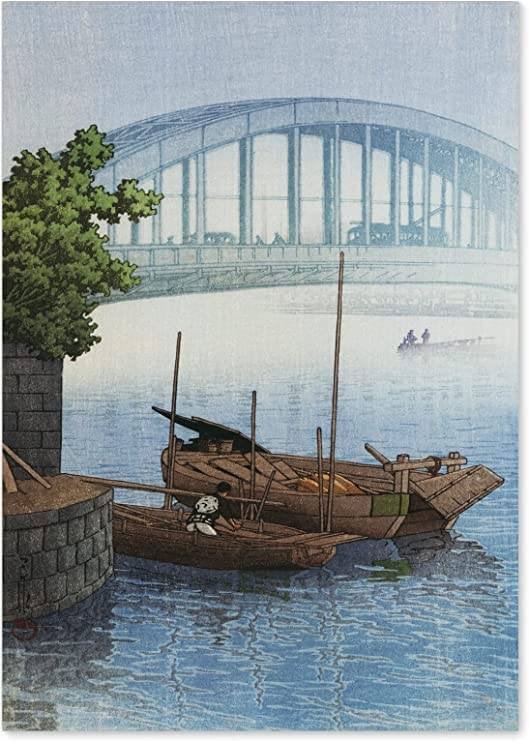 掛軸　荒川勝英　『嵐山の夏』　共箱　二重箱　【筏舟　川下り　水墨】 掛け軸 荒川勝英 水墨山水 絹本 希少 軸装 茶道具 掛軸 美品 共