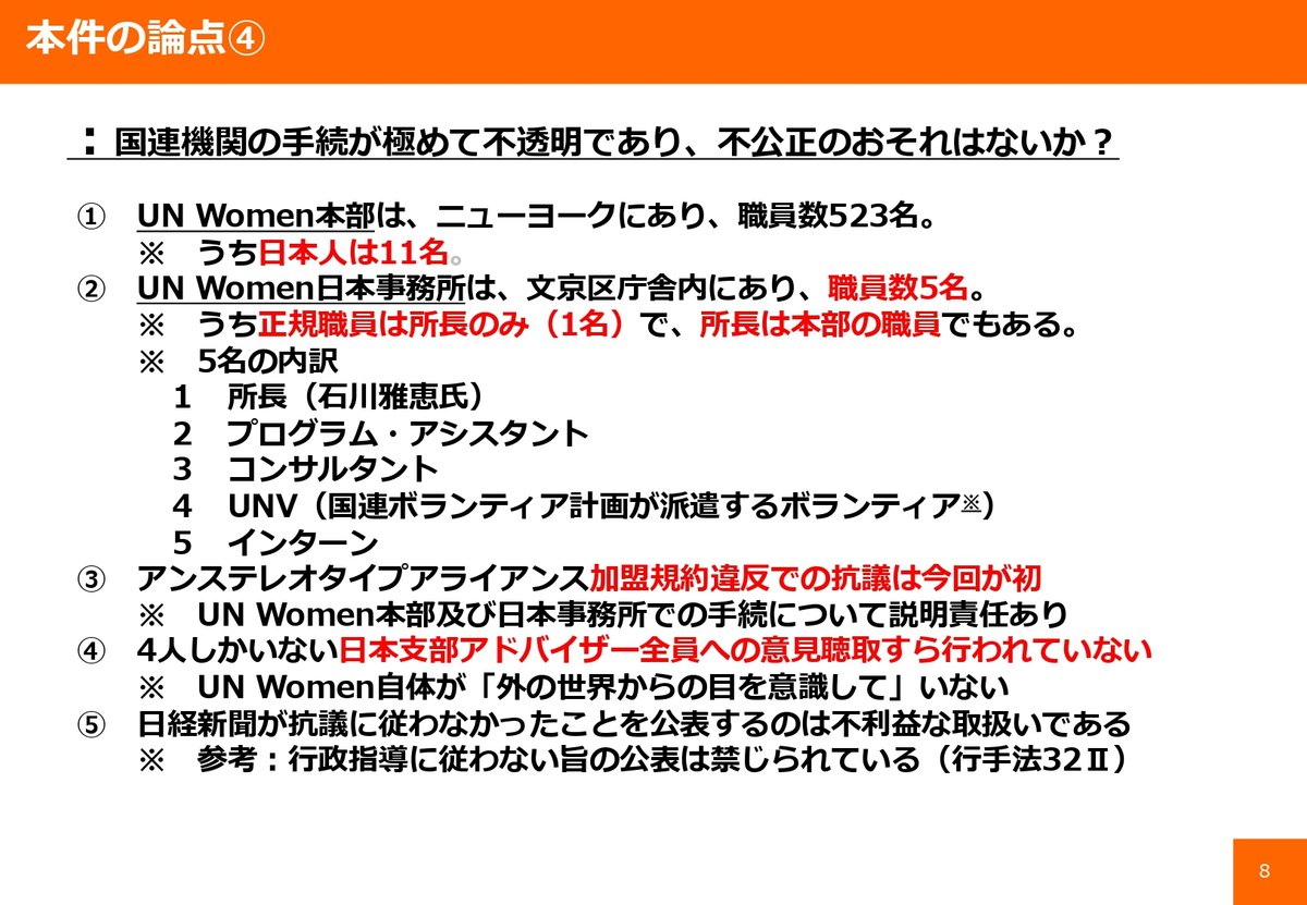 UN Women本部は、ニューヨークにあり、職員数523名。 うち⽇本⼈は11名。 UN Women⽇本事務所は、⽂京区庁舎内にあり、職員数5名。 うち正規職員は所⻑のみ（1名）で、所⻑は本部の職員でもある。 ５名の内訳 １、所⻑（⽯川雅恵⽒） ２、プログラム・アシスタント ３、コンサルタント ４、UNV（国連ボランティア計画が派遣するボランティア） ５、インターン アンステレオタイプアライアンス加盟規約違反での抗議は今回が初 UN Women本部及び⽇本事務所での⼿続について説明責任あり 4⼈しかいない⽇本⽀部アドバイザー全員への意⾒聴取すら⾏われていない UN Women⾃体が「外の世界からの⽬を意識して」いない ⽇経新聞が抗議に従わなかったことを公表するのは不利益な取扱いである