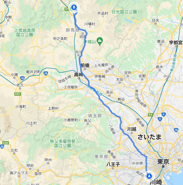 （A）第三京浜 東京IC 〜 （B）国道291号 谷川岳ロープウェイ乗場　行程約 170km 　｜ 10年以上前の今頃、日の出前に出てちょっとそこまで走った。本当は一ノ倉沢まで行きたかったけれど、昼から歯医者の予定があり、水上温泉に入って帰ってきた。