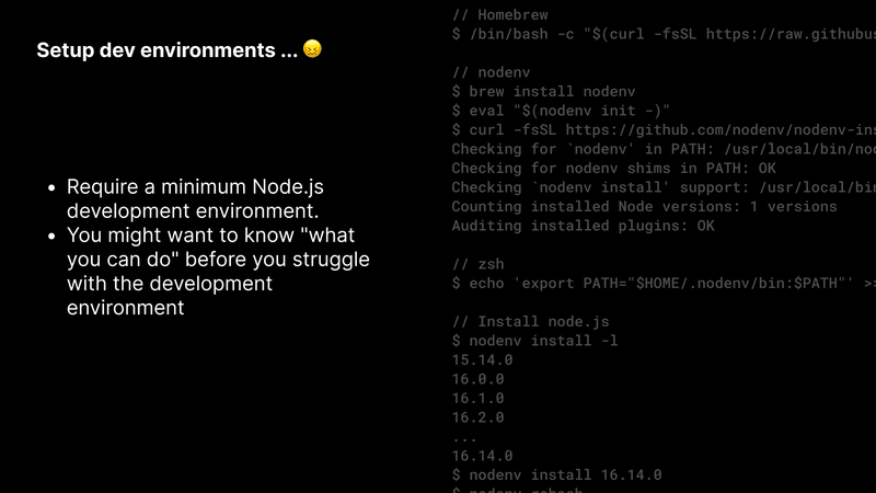 Node.jsの環境を整える必要についての説明。「環境構築に奮闘する前に、何ができるかを知る」ほうが重要、というメッセージ