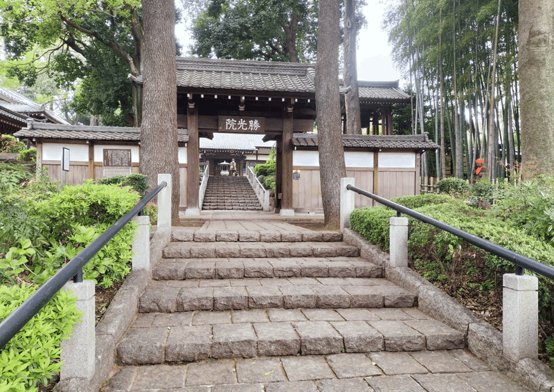 勝光院の山門を階段下から望む