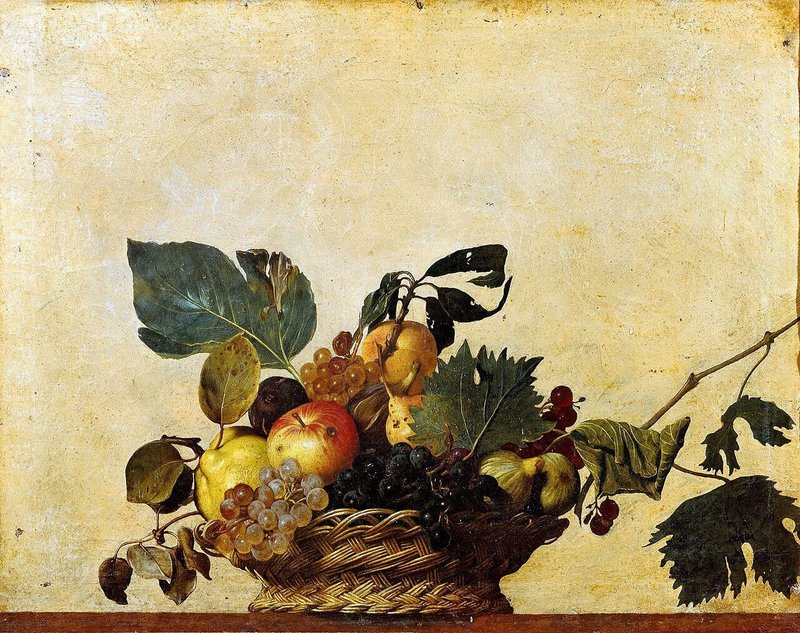 『果物籠』（1595年 - 1596年頃）ミケランジェロ・メリージ・ダ・カラヴァッジオ作アンブロジアーナ絵画館（ミラノ）所蔵