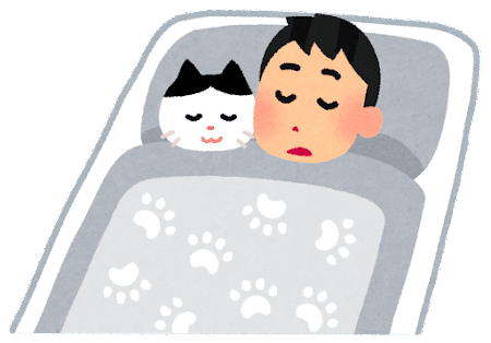 猫と一緒に寝ている人のイラスト