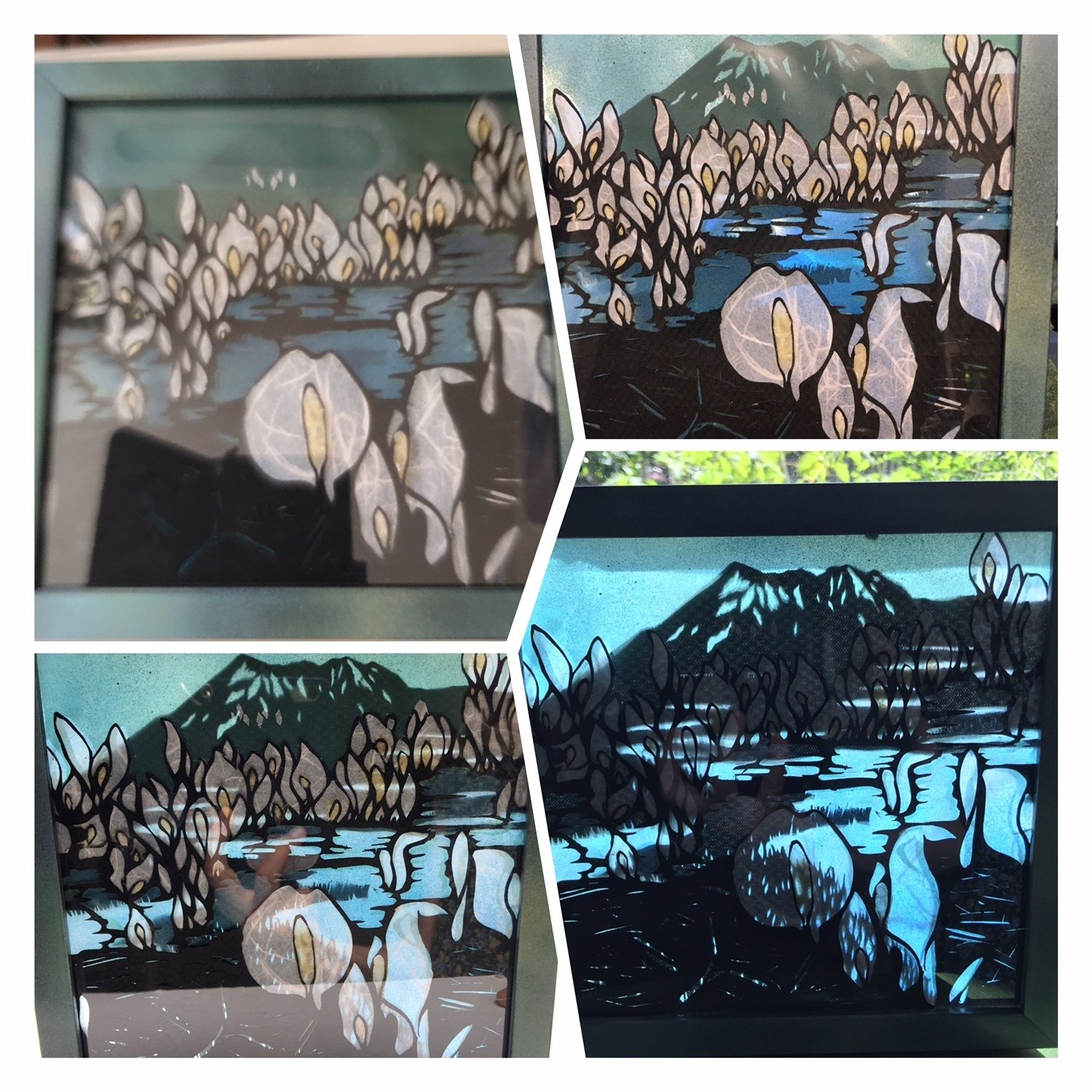 切り絵アート 尾瀬の山並みに浮かぶ水芭蕉｜Frau Schnitt