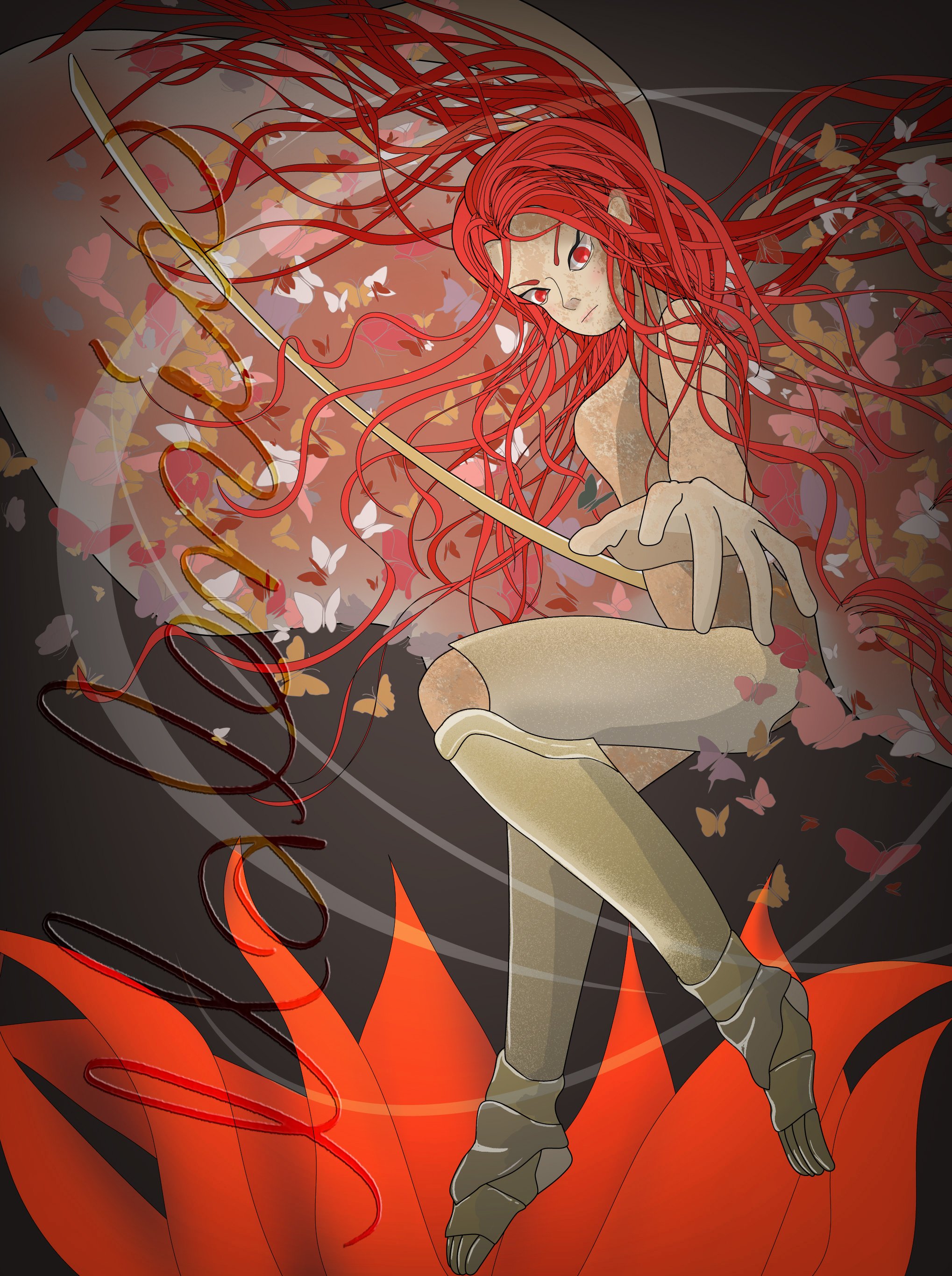 女神マレニア 蝶 花 赤。