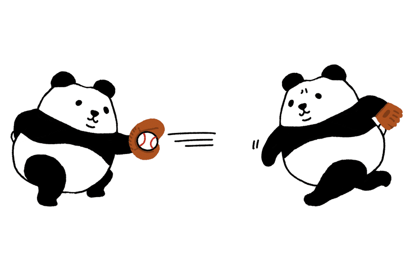 ボールをグローブでキャッチするパンダと、投球するパンダ