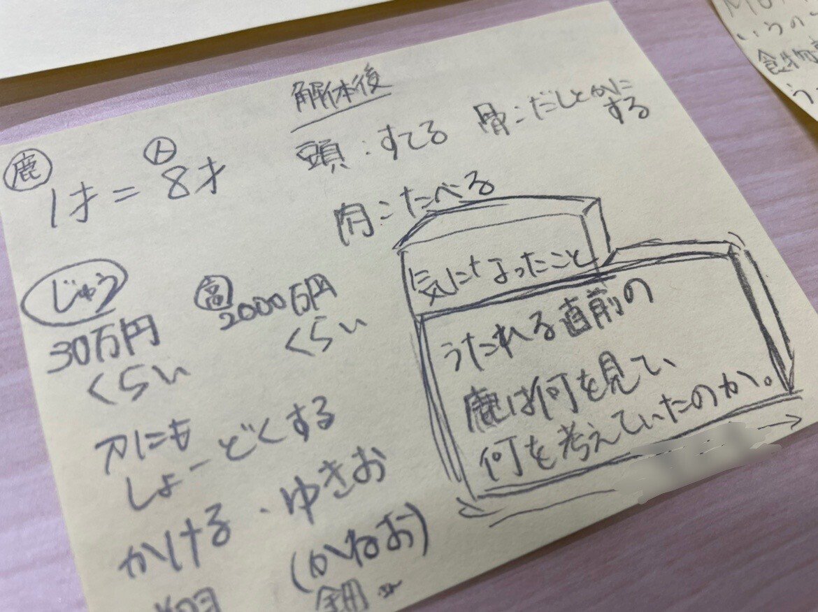 「うたれる直前の鹿は何を見て何を考えていたのか」と書いた子どものメモの画像