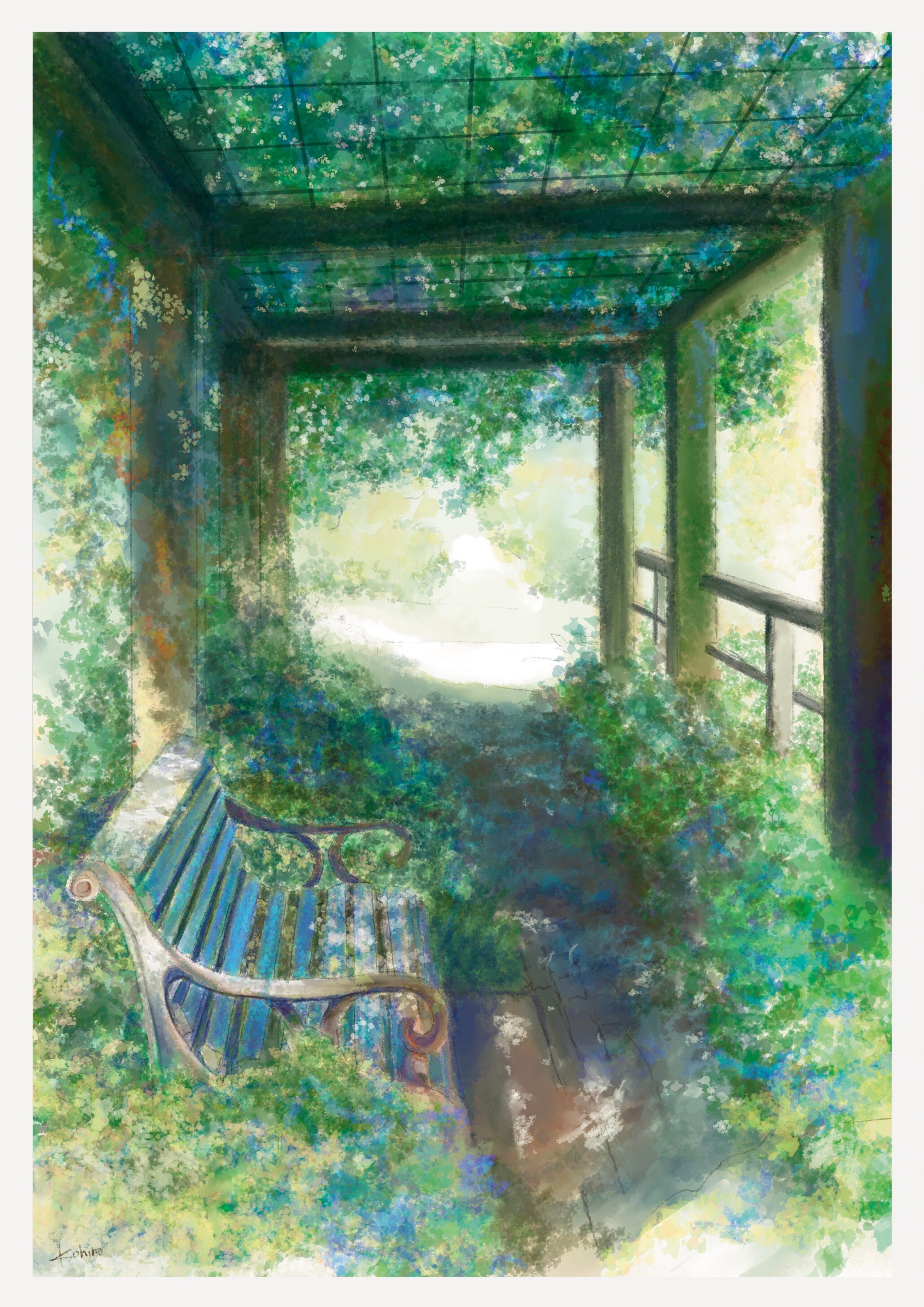 水彩画風に木陰とベンチを描きました。｜こひろ｜猫の細密ペン画