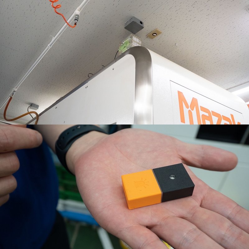 子供用のプログラミングキット(MESH)を機械の停止ランプに貼り付けています停止ランプが光るとスマホやスマートウォッチに通知が来ます