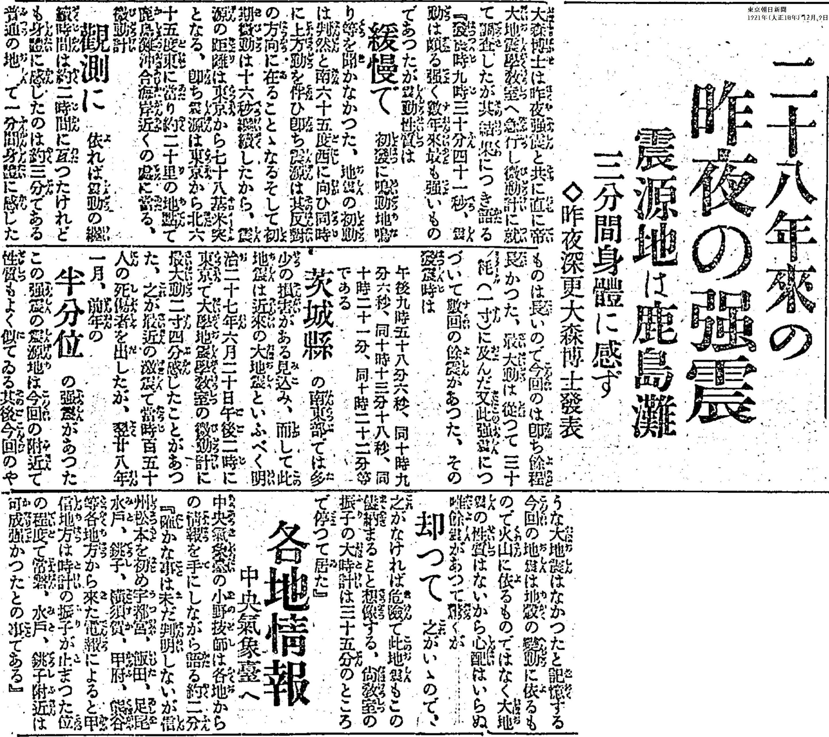 百年ﾆｭｰｽ】1921(大正10)12月8日(木) 龍ヶ崎地震が発生。21時31分に茨城
