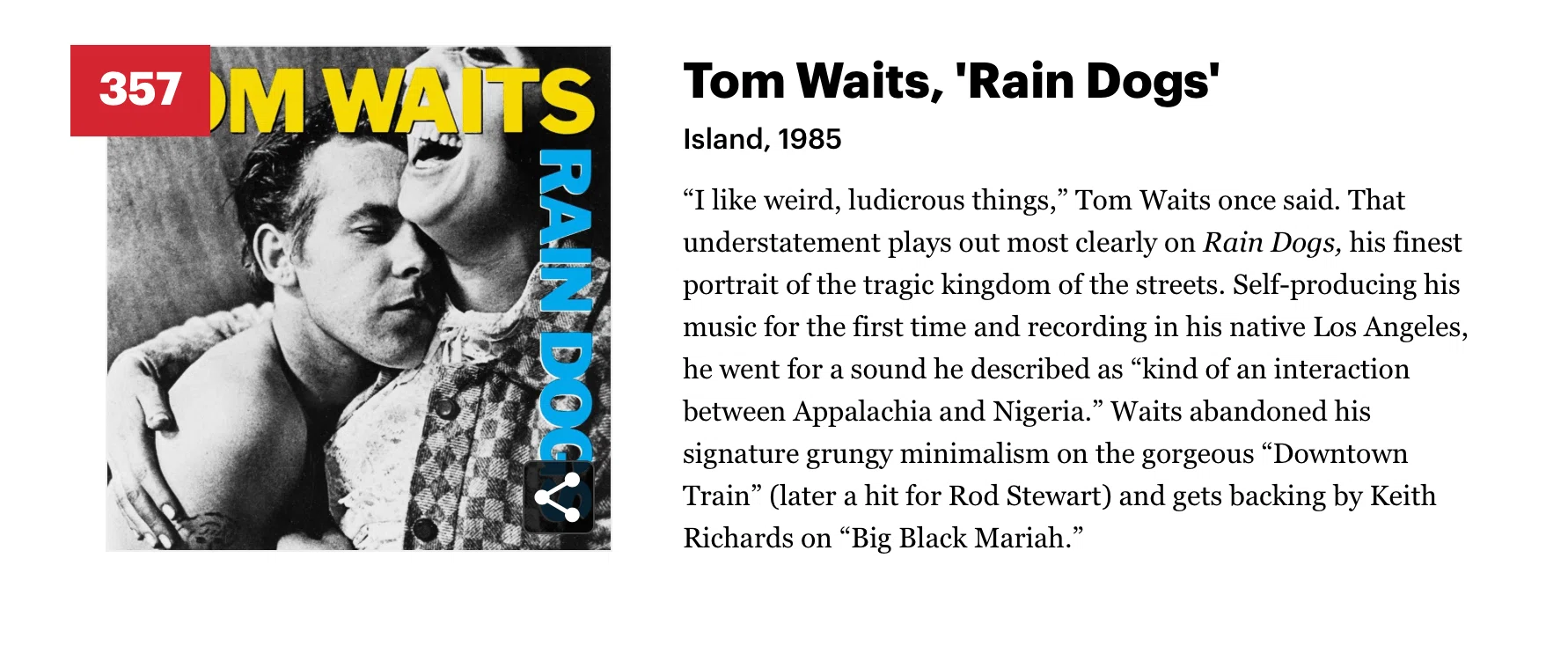 357位：Tom Waits 『Rain Dogs』（1985年）｜ローリングストーン誌が 