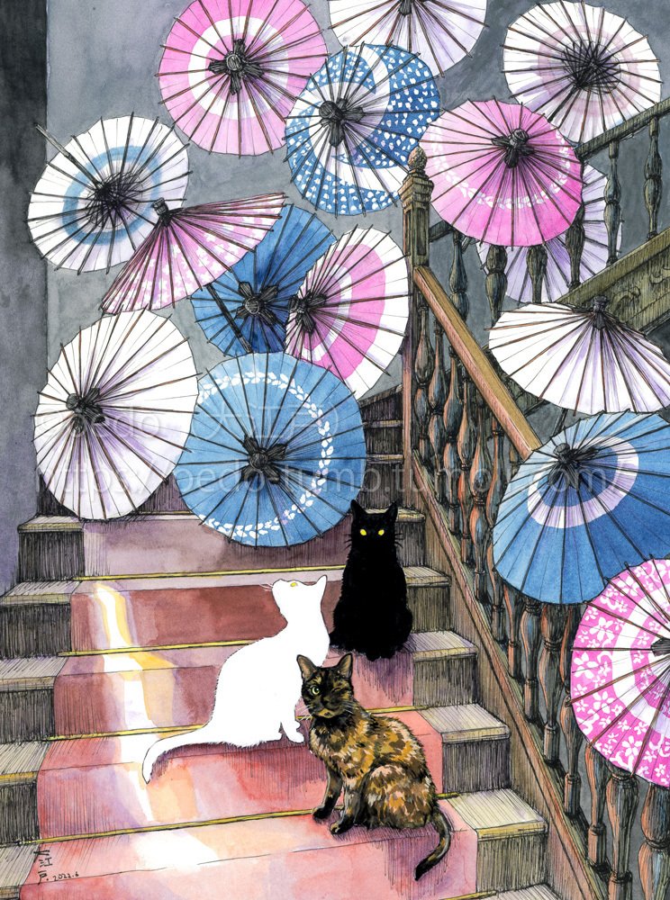 猫の絵画風デザイン 雨傘 ねこ柄 ステンドグラス風 ビニール ジャンプ傘 【全4色】 – 鎌倉