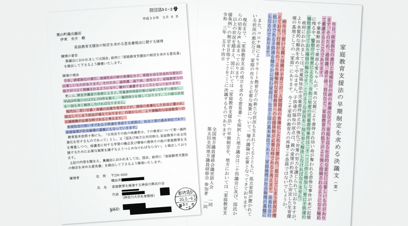 神奈川で旧統一協会関係者から出された「家庭教育支援法」に関する請願と、セミナーの決議文の比較画像