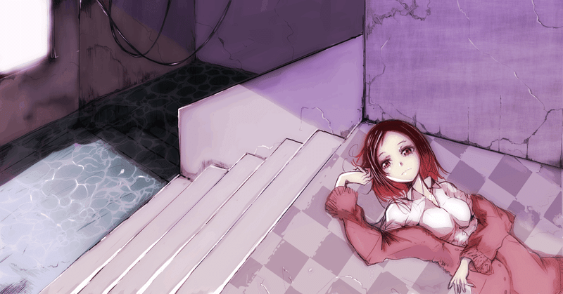 階段の下には水が溜まっている廃墟の踊り場で寝そべる女の子のイラスト