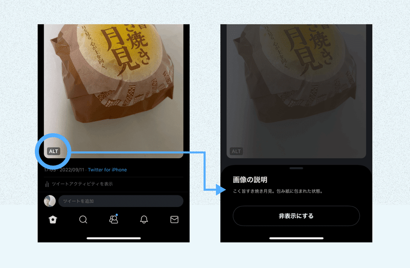 画像を含むツイートのスクリーンショットが2つ並んでいる。片方は通常の状態、もう片方のスクリーンショットはハーフモーダルが展開された状態。ハーフモーダルには、画像の説明が書かれている。通常状態のスクリーンショットに写っているALTバッヂは青い丸で囲まれており、そこから伸びる矢印はもう片方のスクリーンショットのハーフモーダルを指している。