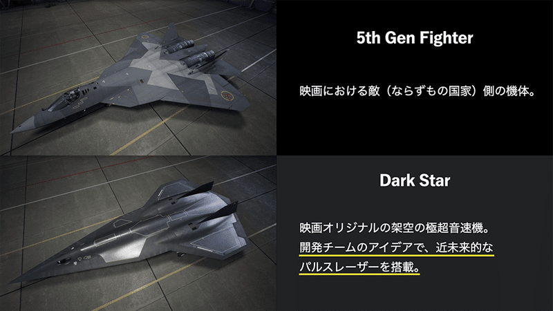 5th Gen Fighter、映画における敵（ならずもの国家）側の機体。Dark Star、映画オリジナルの架空の極超音速機。 開発チームのアイデアで、近未来的な パルスレーザーを搭載。