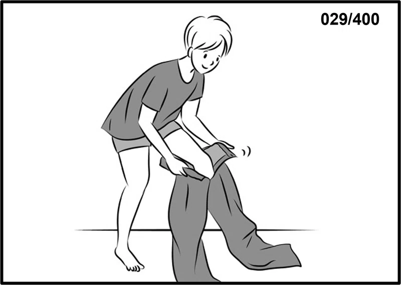 【イラストで楽々ボキャブラリー-8】(ズボンをはく)(スカートをはく)(パジャマを着る)(新聞を取りにいく)|キャプテン・カズ
