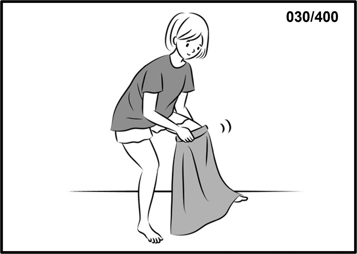 【イラストで楽々ボキャブラリー-8】(ズボンをはく)(スカートをはく)(パジャマを着る)(新聞を取りにいく)|キャプテン・カズ