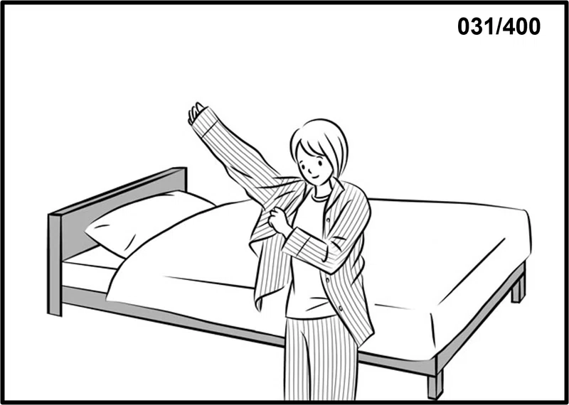 【イラストで楽々ボキャブラリー-8】(ズボンをはく)(スカートをはく)(パジャマを着る)(新聞を取りにいく)|キャプテン・カズ