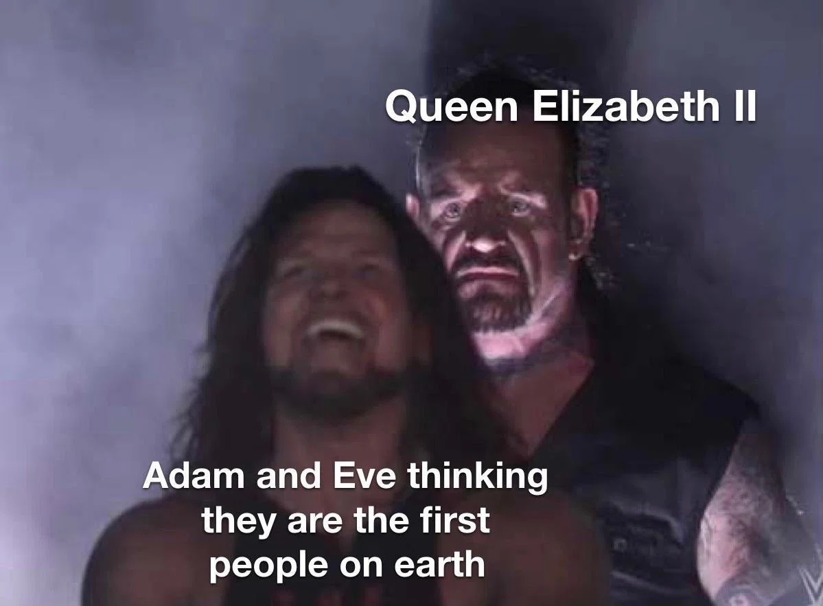 嬉しそうな男性の背後に立つ、不穏な表情の男性。英語の台詞:Adam and Eve thinking they are the first people on earth