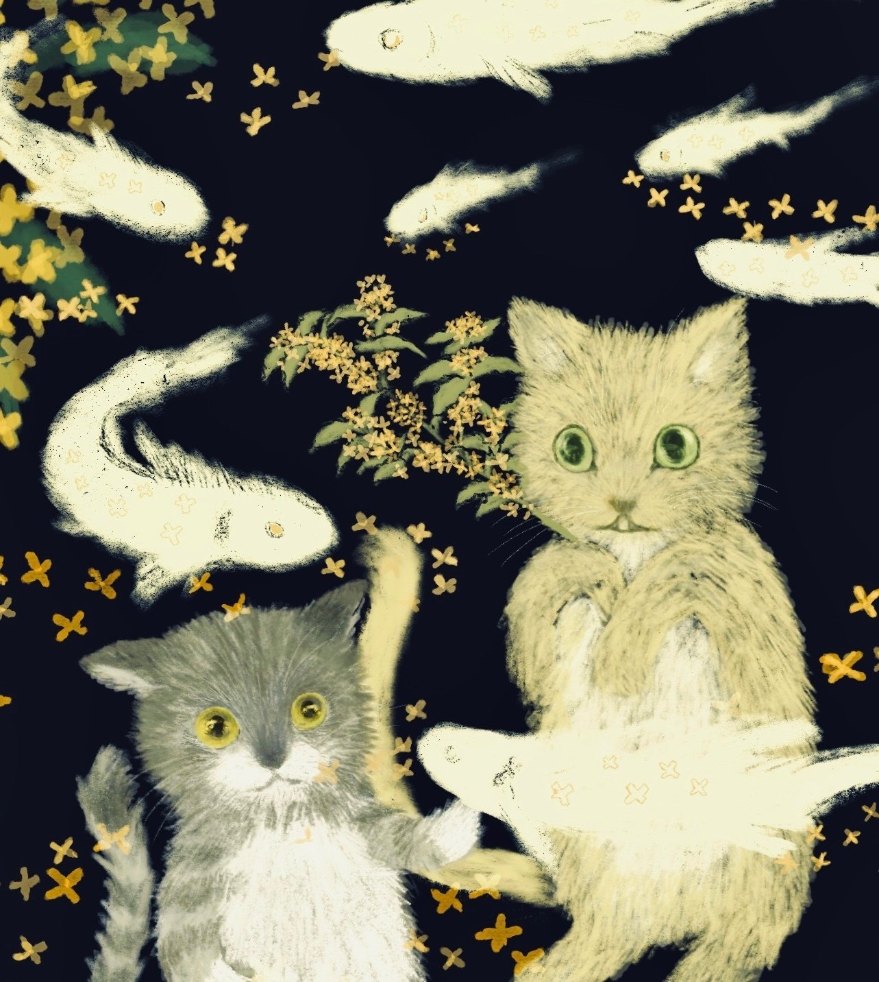 もしゃもしゃ動物の絵379（金木犀と魚）｜かよん