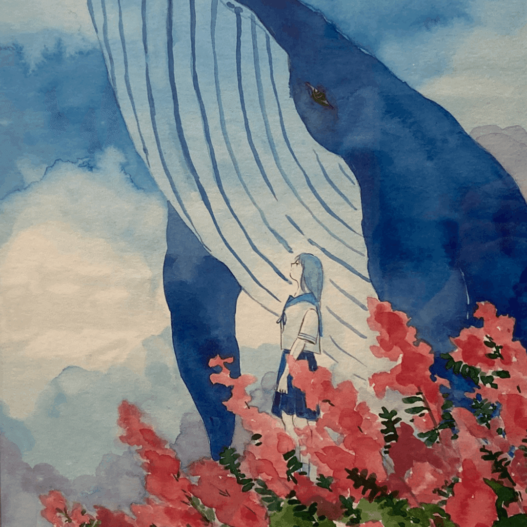 ゴ*カ様 「 空を選んだクジラ 」｜絵画 原画 抽象画 絵 動物画 ドローイング 好きなモチーフである空、人（少年少女）、鯨、宇宙、植物などを鮮やか