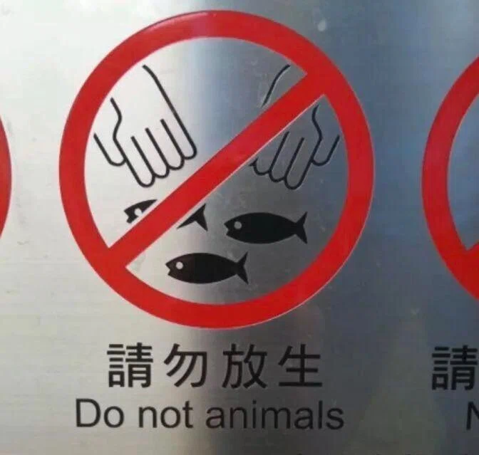 魚を離さないでください、という絵柄の看板に英語で「Do not animals」