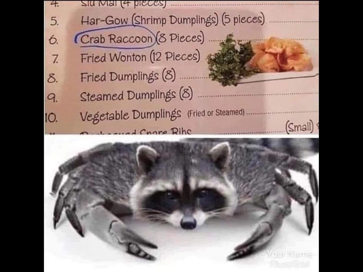 レストランのメニュー表に英語で「Crab Racoon」
