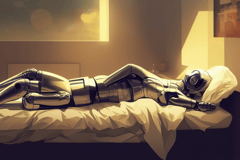 AIで生成した画像：ベッドの上でさぼっているロボット