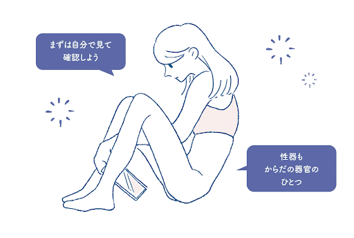 （イラスト：自分の外性器を見る女性）