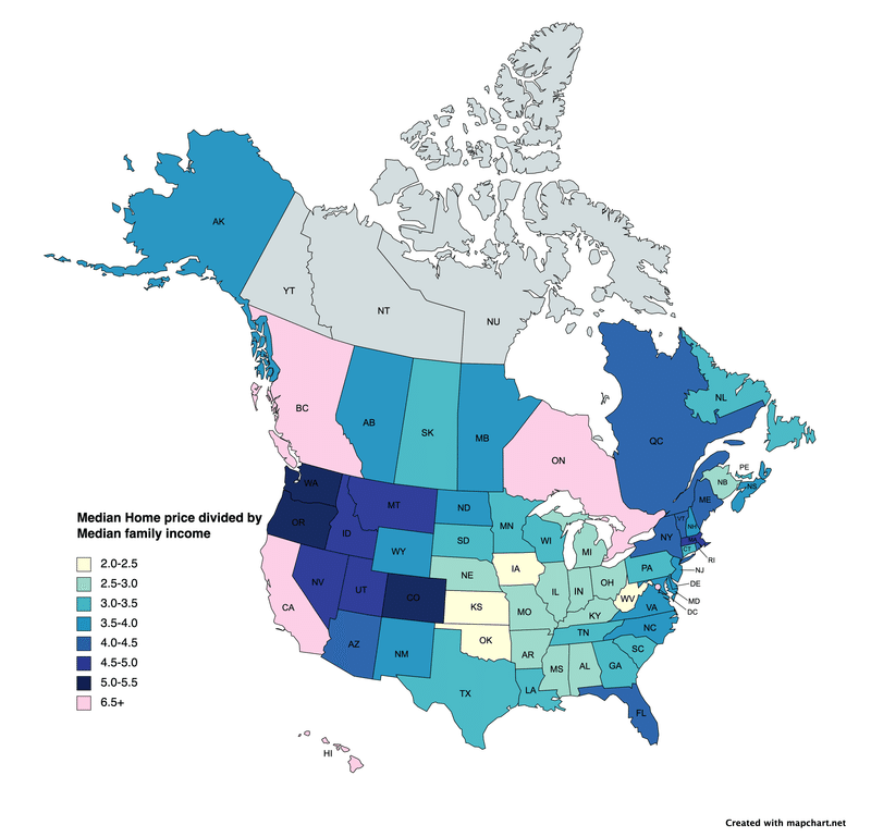 アメリカとカナダの州地図：Median family income divided by median house price