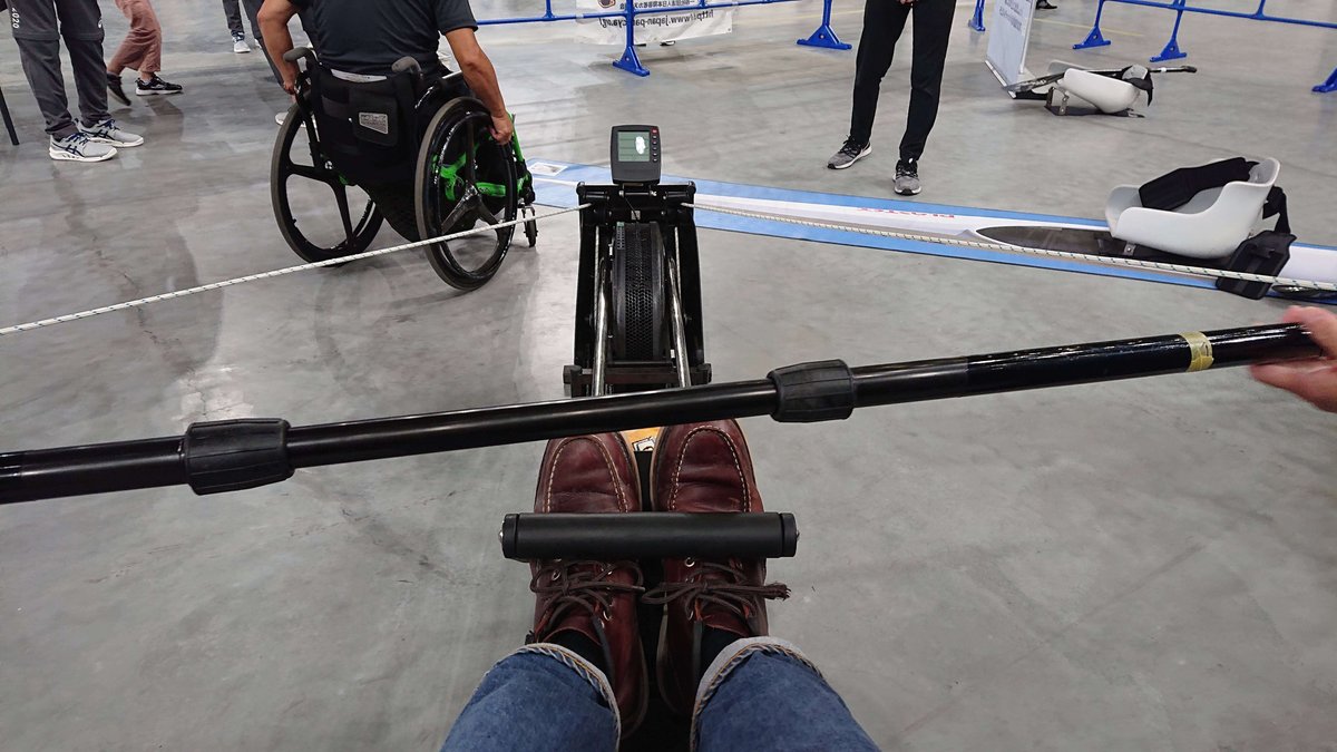 The author experiencing a paracanoe simulator. First-person perspective of paddling.