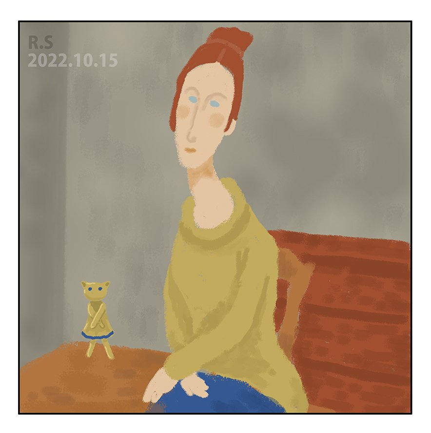 マウス描き猫イラスト「黄色いセーターを着たジャンヌ・エビュテルヌ」モディリアーニ｜さいはてりと