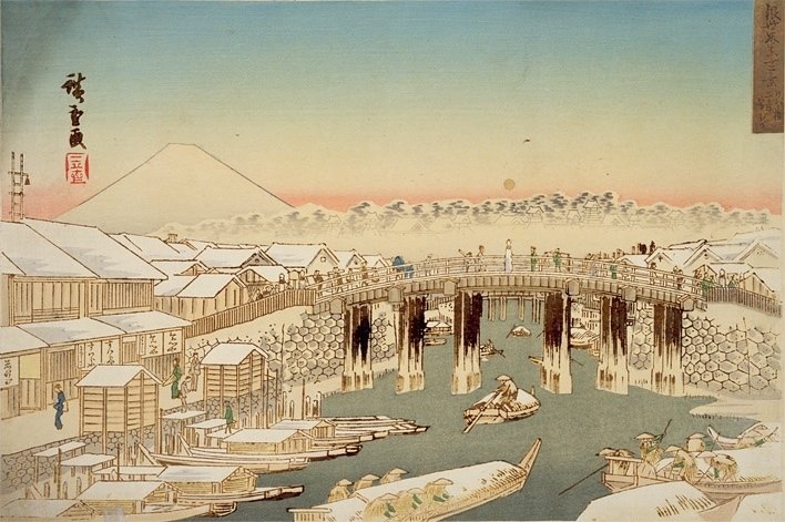 浮世絵版画 東京源氏雪の曙庭の戯 三枚続 国貞画