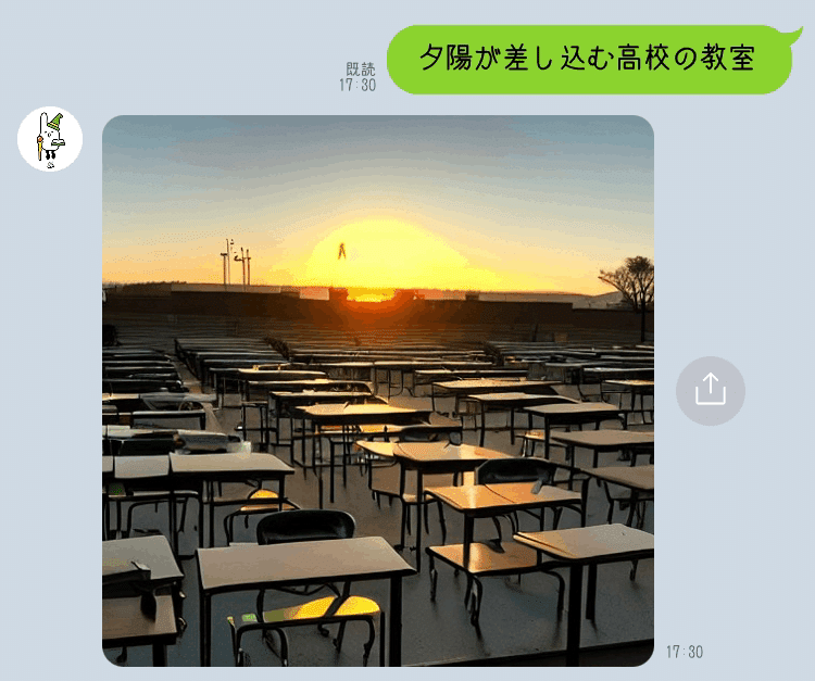 屋外に机が整然と遠くまで並んでいて、遠くに電柱や沈む夕日がうつている画像